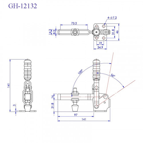 Зажим механический с горизонтальной ручкой GH-225-DHB, усилие 227 кг