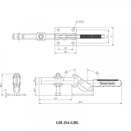 Зажим механический с горизонтальной ручкой GH-204-GB, усилие 630 кг, прижим 127мм, база 71мм GOOD HAND GH-204-GBLH